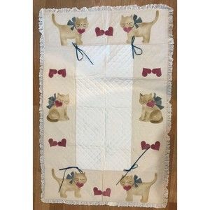 Quilted Beige Cats and Red Hearts Ruffle Border Children's Room Wall Hanging